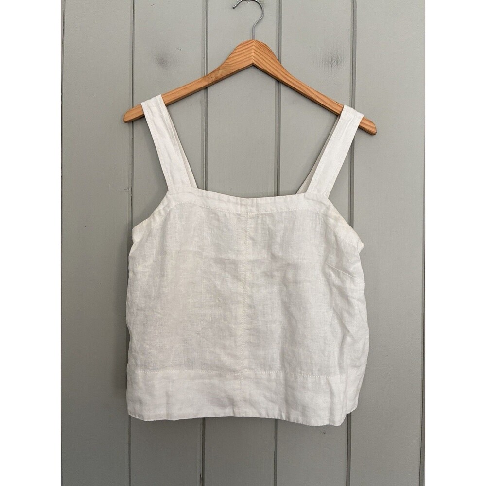 Madewell Top S Small 100% Linen Contrast-Stitch Square Neck NU447 Salt White